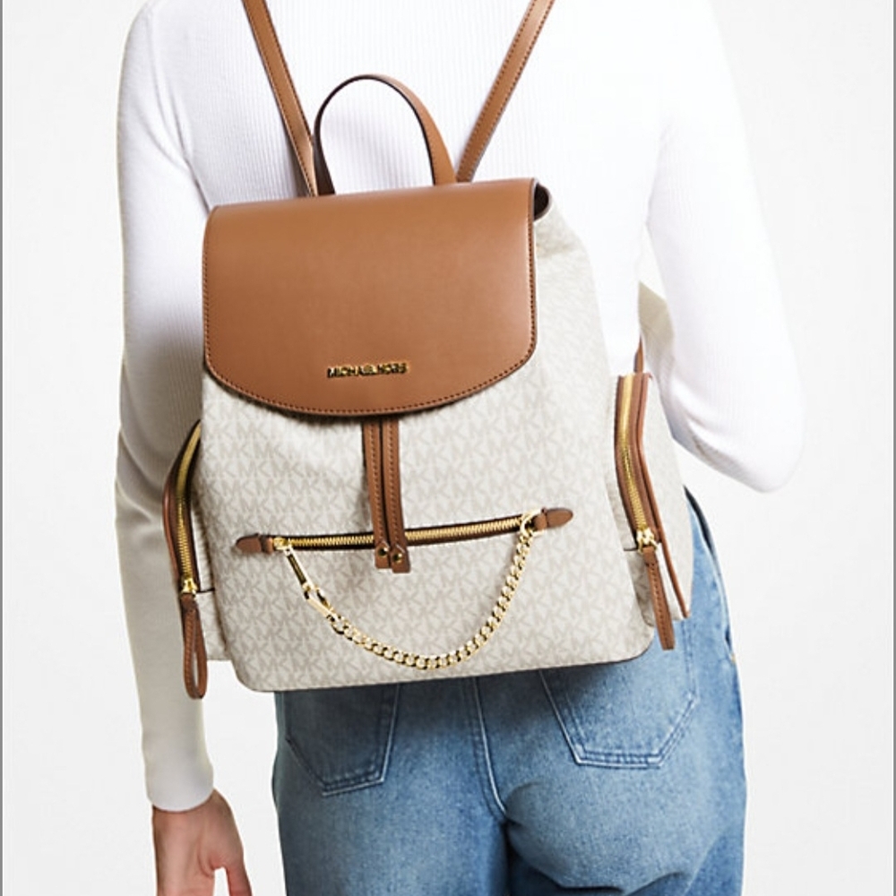 Michael Kors Brown and Cream Backpack with Gold Accents - Picture 2 of 5